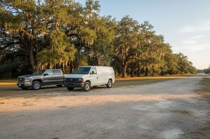 Mobile locksmith service van parked next to a pickup truck in Valdosta GA